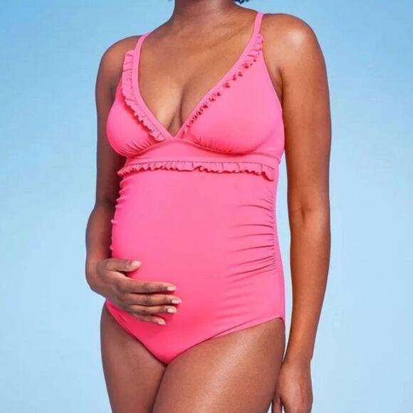 Isabel Maternity One Piece Swimsuit LARGE Pink Ruffle Plunge Padded Ruched Beach - Picture 1 of 9